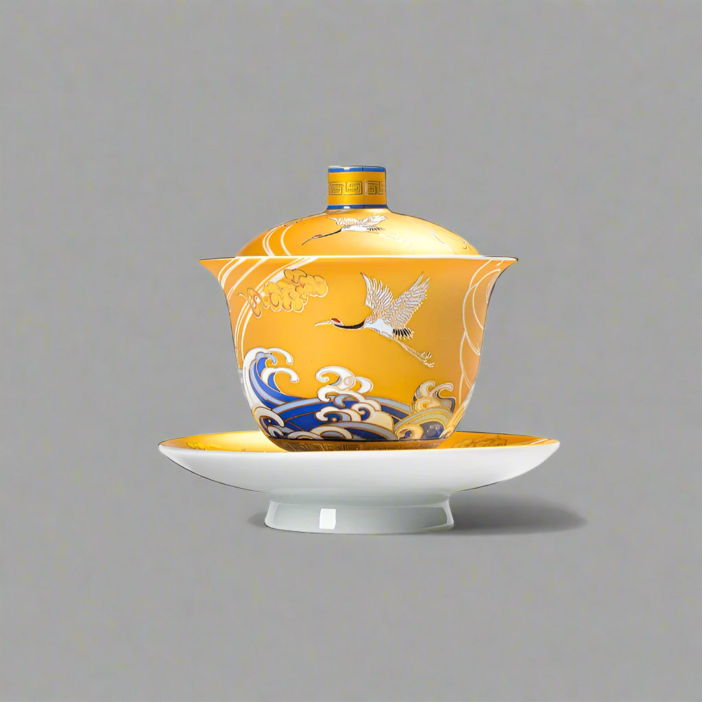 Enamel Porcelain Gaiwan - Crane Pattern, Bell-Shaped