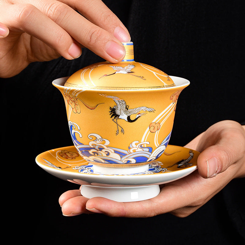 Enamel Porcelain Gaiwan - Crane Pattern, Bell-Shaped