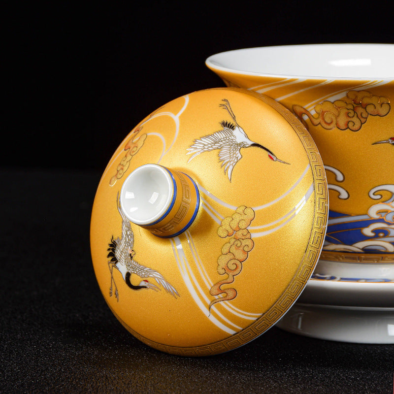 Enamel Porcelain Gaiwan - Crane Pattern, Bell-Shaped