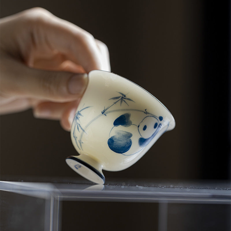 Panda Playing with Bamboo Underglaze Painted Stem Teacup - ZenBrew Tea Store