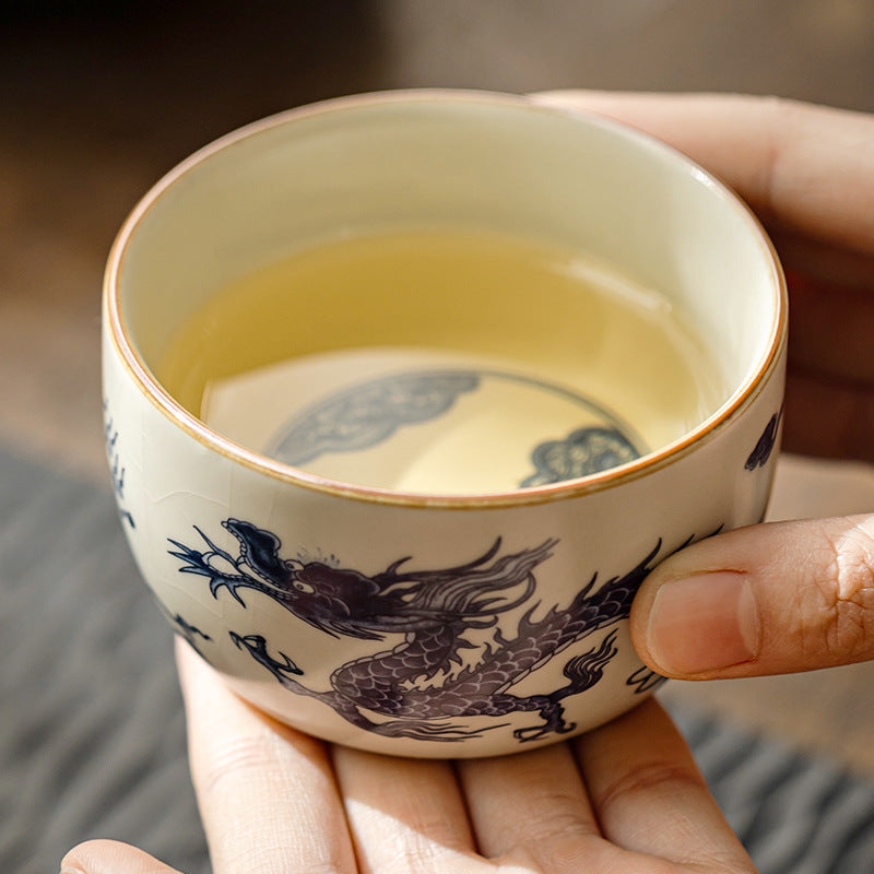 Ru Kiln Crackle Yuan Dynasty Blue Dragon Pattern Straight Edge Teacup - ZenBrew Tea Store