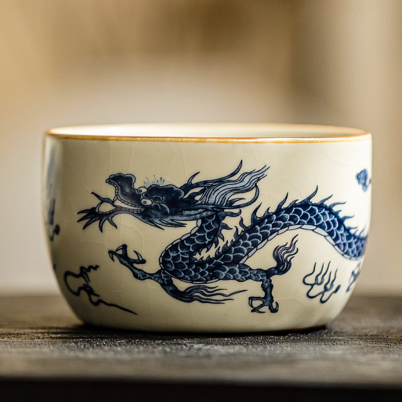 Ru Kiln Crackle Yuan Dynasty Blue Dragon Pattern Straight Edge Teacup - ZenBrew Tea Store