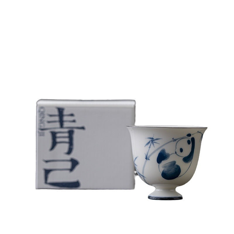 Panda Playing with Bamboo Underglaze Painted Stem Teacup - ZenBrew Tea Store